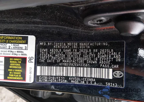 2014 Toyota Camry Hybrid Le z USA, uszkodzony, nr VIN 4T1BD1FK7EU123561